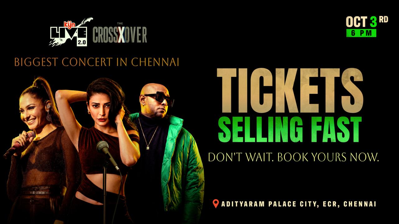 KYN Live 2.0 – The Crossover, one of the biggest upcoming concerts in Chennai: Shruti Haasan, Benny Dayal and Andrea Jeremiah live on Oct 3, 2026 at Adityaram Palace City, ECR